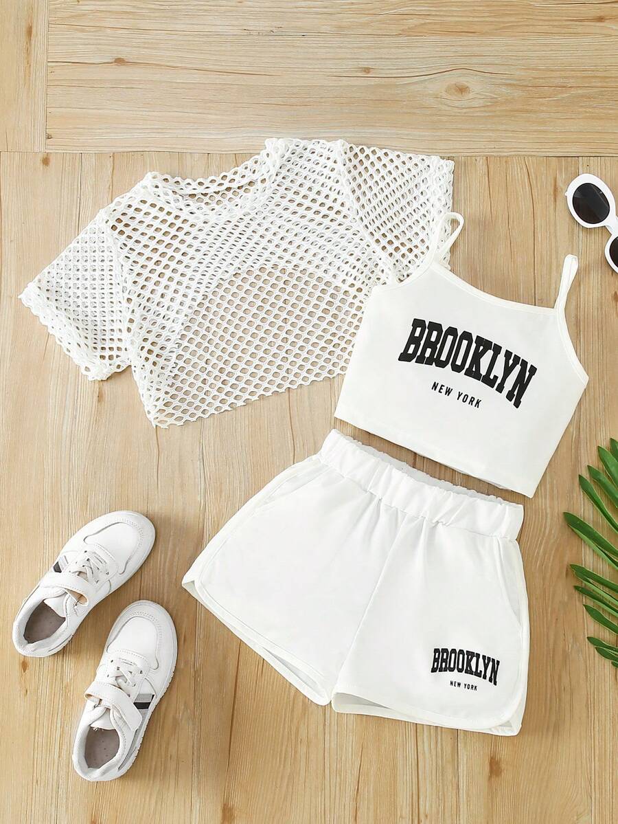 3件套少女布鲁克林字母印花吊带背心+网纱罩衫+短裤套装，时尚夏季户外套装，适合作为夏季礼物