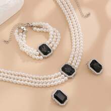 4pcs Set Elegant & Fashionable Multi-Layer Faux Pearl Beaded & Gemstone Inlaid Necklace, Earrings & Bracelet Jewelry Set, Suitable For Women's Daily Wear, Wedding, Party, Holiday & Anniversary Gift