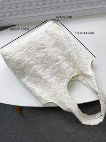 Bolso de tela con detalles de encaje floral, bolso de lona casual de gran capacidad, adecuado para estudiantes universitarios y commuting - Blanco - Ver 6