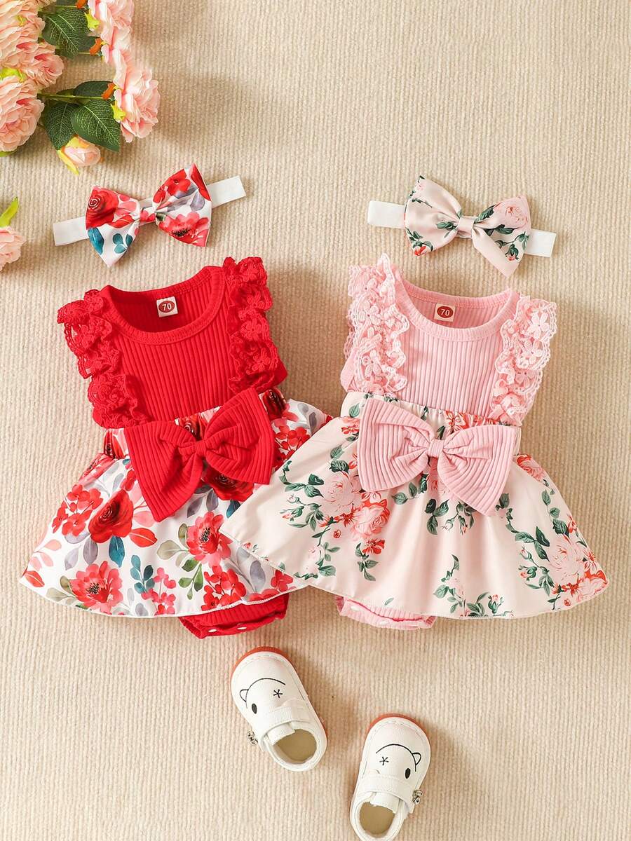 Mono de retazos para bebé niña, con estampado de flores, encaje, sin mangas, cuello redondo, lazo frontal y diadema - Rosa brillante - Ver 1
