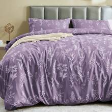 Duvet Cover King Size, Reversible Floral Lavender Duvet Cover Set With Zipper Closure, 3 Pieces Botanical Patterns Soft Microfiber Bedding Set (90"X104", 2 Pillow Cases 20"*36") - 01 - 灰紫色葉(無被子) - 查看 1