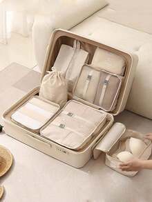 7 peças de bolsas organizadoras de viagem de grande capacidade, cubos de armazenamento de bagagem portáteis à prova d'água para roupas, calças, sapatos, meias, cubos de embalagem, acessórios de viagem, itens essenciais para viagem, bolsa de viagem, férias, volta às aulas, itens escolares, itens essenciais para dormitório, faculdade - Bege - Ver 3