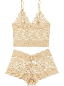 Floral Lace Lingerie Set High Waist Sleepwear Bra And Panty 2 Piece Nightwear 2025 Back-To-School Season Fall Pjs - 米色 - 查看 5