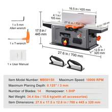 KFFKFF Spiral Benchtop Jointer, 6 In, 1.5HP 10000 RPM Bench Top Wood Jointer, With 14-Blade Spiral Cutterhead 0-1/8'' Adjustable Depth 6.1x27.6'' Table, Portable Woodworking Jointer For All Wood Types