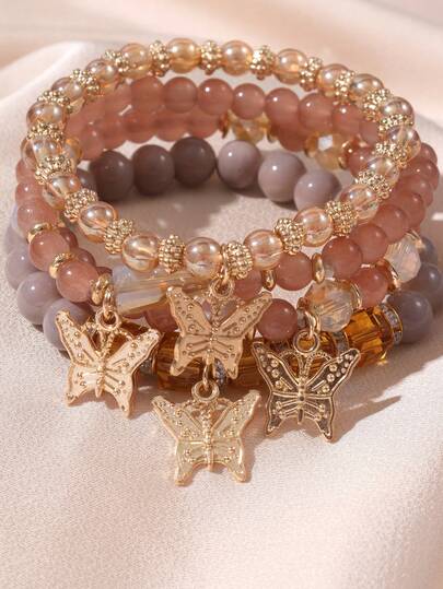 4 件套波西米亚风格叠层手链套装，配彩色蝴蝶串珠多层手链