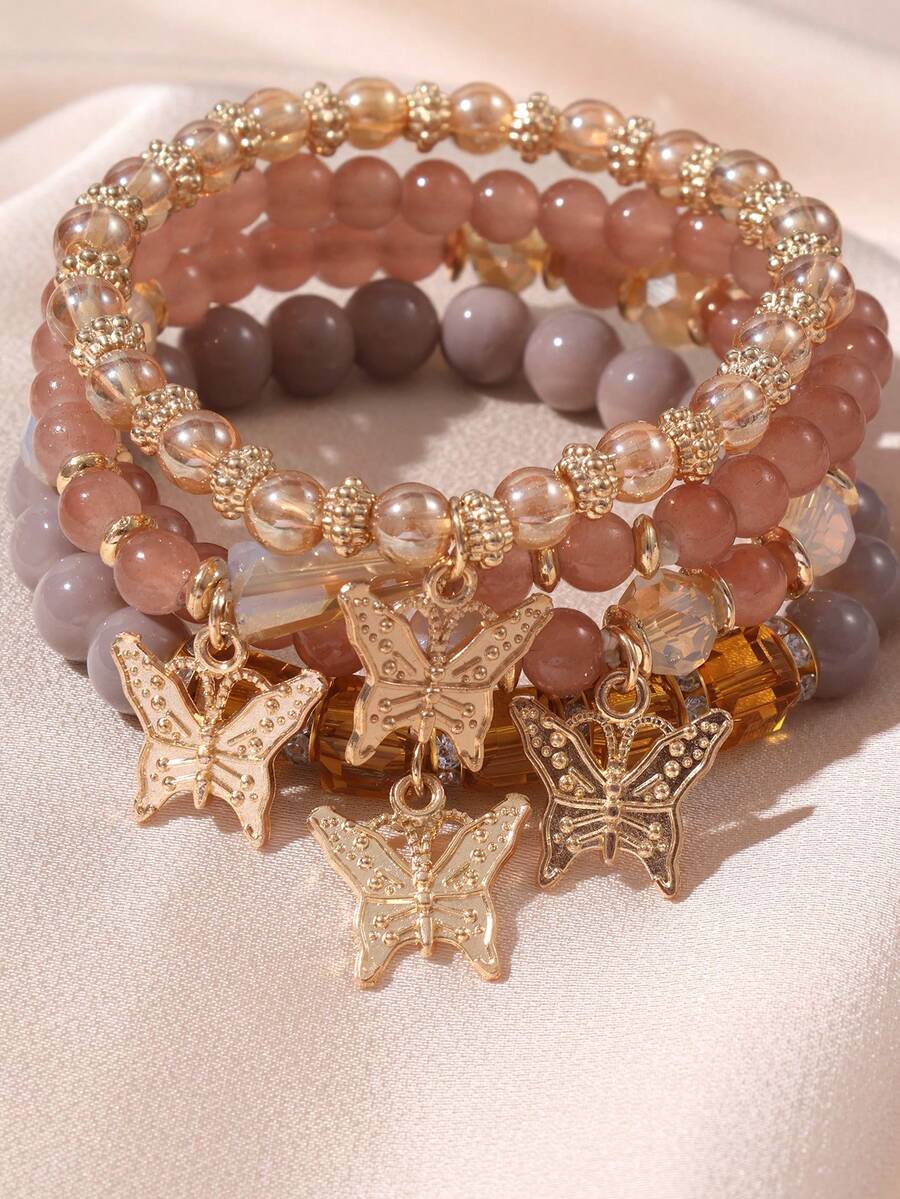 4pcs/Set Bohemian Style Stacked Bracelet Set With Colorful Butterfly Beaded Multi-Layer Bracelets - Multicolor - View 1