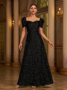 Missord Sweetheart Neck Puff Sleeve Sequin Formal Dress Black Elegant Prom Evening Wedding Guest Gown, For Graduation, Dinner Party Dress