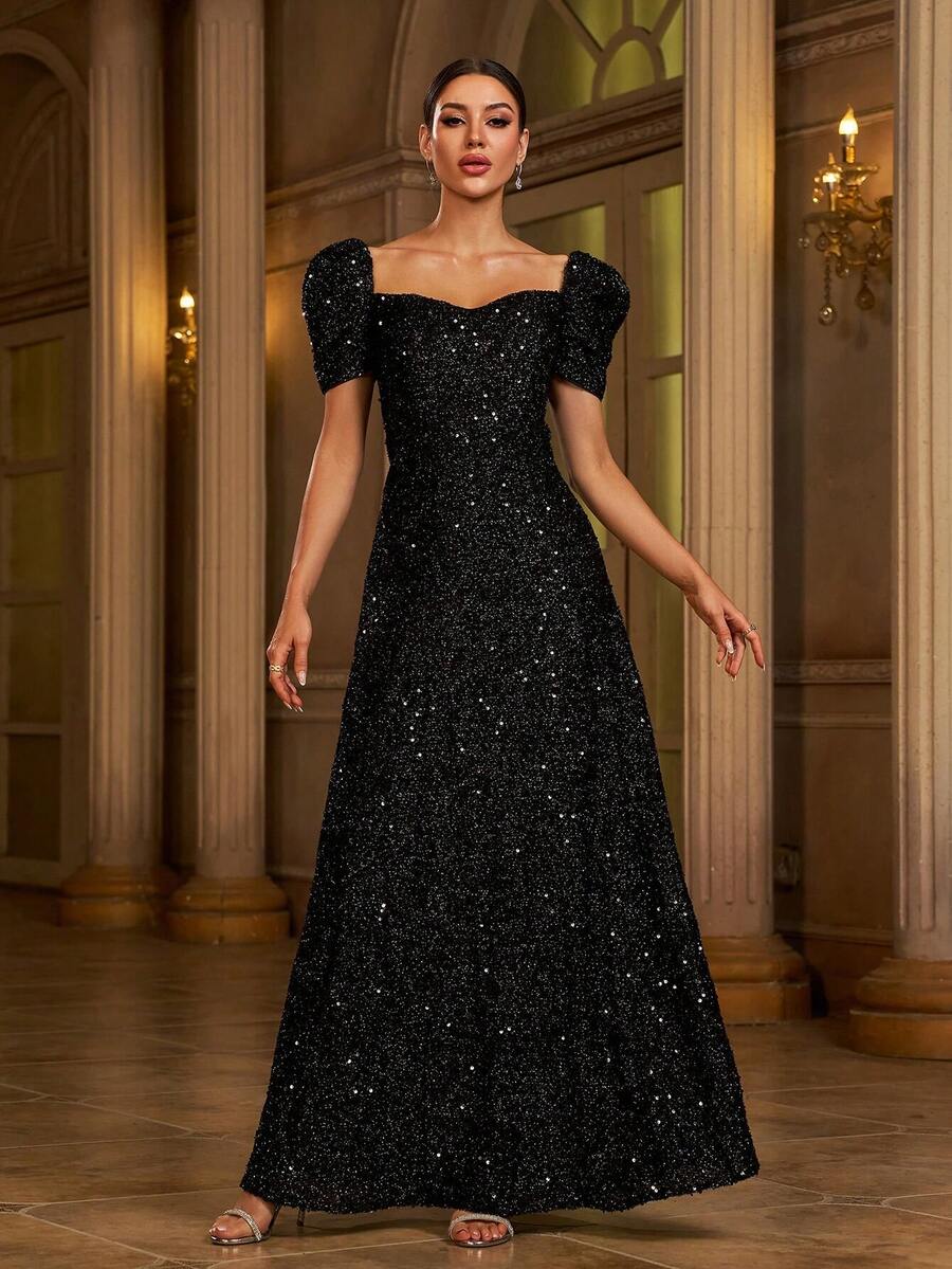 Missord Sweetheart Neck Puff Sleeve Sequin Formal Dress Black Elegant Prom Evening Wedding Guest Gown, For Graduation, Dinner Party Dress