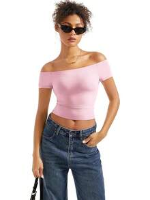 Tops de mujer con hombros descubiertos y doble forro, camisetas básicas ajustadas para salir - Rubor - Ver 5