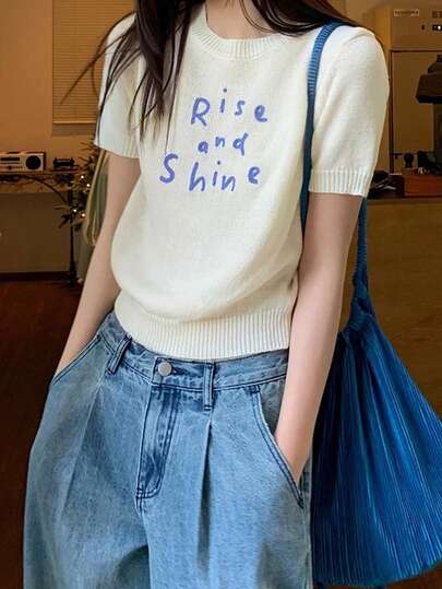 Áo len dệt kim tay ngắn thêu chữ nhiều màu cho nữ, áo thun crop top rộng rãi, mùa xuân/hè