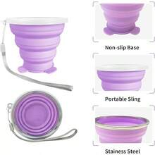 Vaso plegable de silicona pequeño y expansible- Taza de bebida plegable reutilizable con tapa para viajes, camping, senderismo, vacaciones, deportes al aire libre, interiores - Púrpura+Naranja - Ver 3