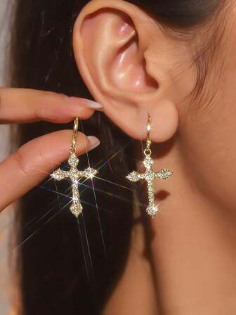 Sparkling Religious Cross Pendant Drop Earrings, Blingbling Party Style Earrings Suitable For Daily Wear