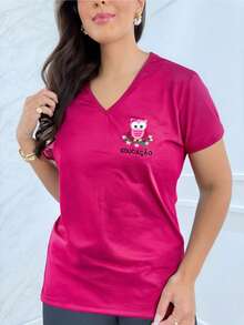 Women's Education Owl Embroidered Short Sleeve T-Shirt - Màu Hồng Tươi - Xem 1