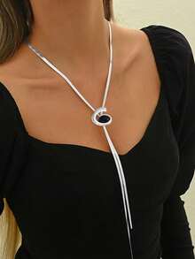 1pc Elegant Minimalist Women's Y-Shaped Necklace, Black Oval Acrylic Zinc Alloy Geometric Heart & Spiral/Snail Pendant On Long Flat Snake Chain, Suitable For Daily Wear And Party/Holiday Gift - Silvery - View 2