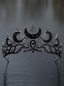 1 Peça Coroa Barroca Vintage Preta com Lua e Estrela - Headpiece de Noiva Luxuoso com Padrão Floral e de Estrela, Adequado para Casamentos, Galas e Ocasiões Formais - Design Elegante do Oriente Médio, Artesanato em Metal Requintado, Headpiece de Strass Delicado Feito à Mão para Cosplay e Festas (Fada Negra) - Multicolorido - Visão 10
