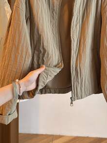 Women's Casual Jacket, Striped Woven Fabric, Pockets With Zipper, Puff Shoulder Design, Oversized Fit, Suitable For Various Figures, High-Quality Solid Color, Simple And Fashionable, Versatile For Daily Commute In Autumn/Winter - Khaki - View 7