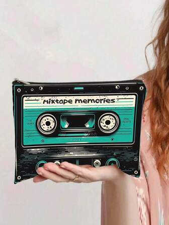 2D Flat Printing Vintage "She's So Unusual" 80s Cassette Tape Makeup Bag Fun Pop Culture Gift For Music Lovers, Zipper Pouch With Retro Design, Hand Washable, Mixed Colors,Back To School
