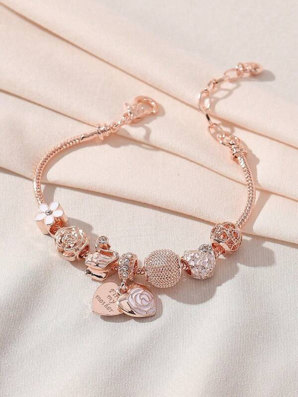 1 pieza Pulsera elegante de estilo retro con colgante de cisne de gota de aceite, cuentas de corazón de rhinestone y rosa, joyería de lujo para mujer