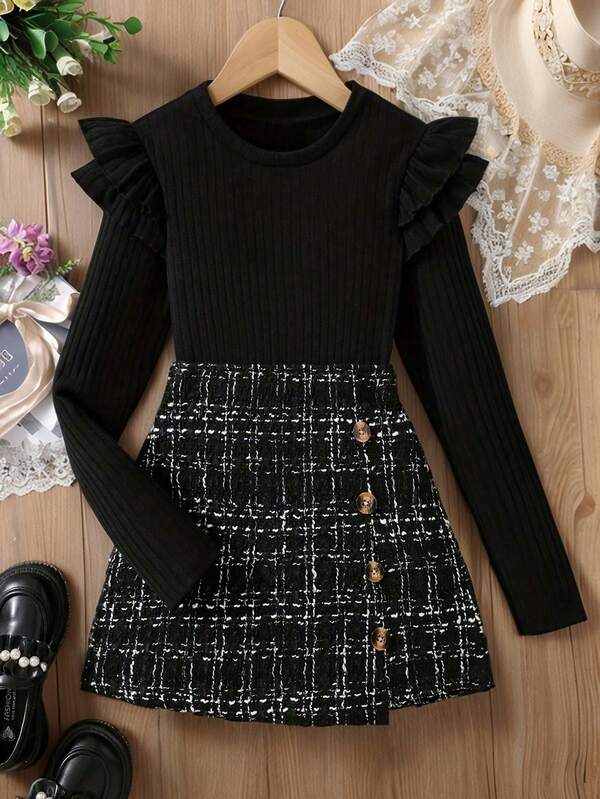 Tween Girl Solid Ruffled Sleeve Crew Neck Blouse And Plaid Skirt