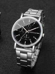 2pcs Classic & Fashion Men's Casual Steel Strap 3-Eye Numeric Scale Dial Quartz Wrist Watch Set, Business Style (Watch Box Not Included) - Silver - View 7