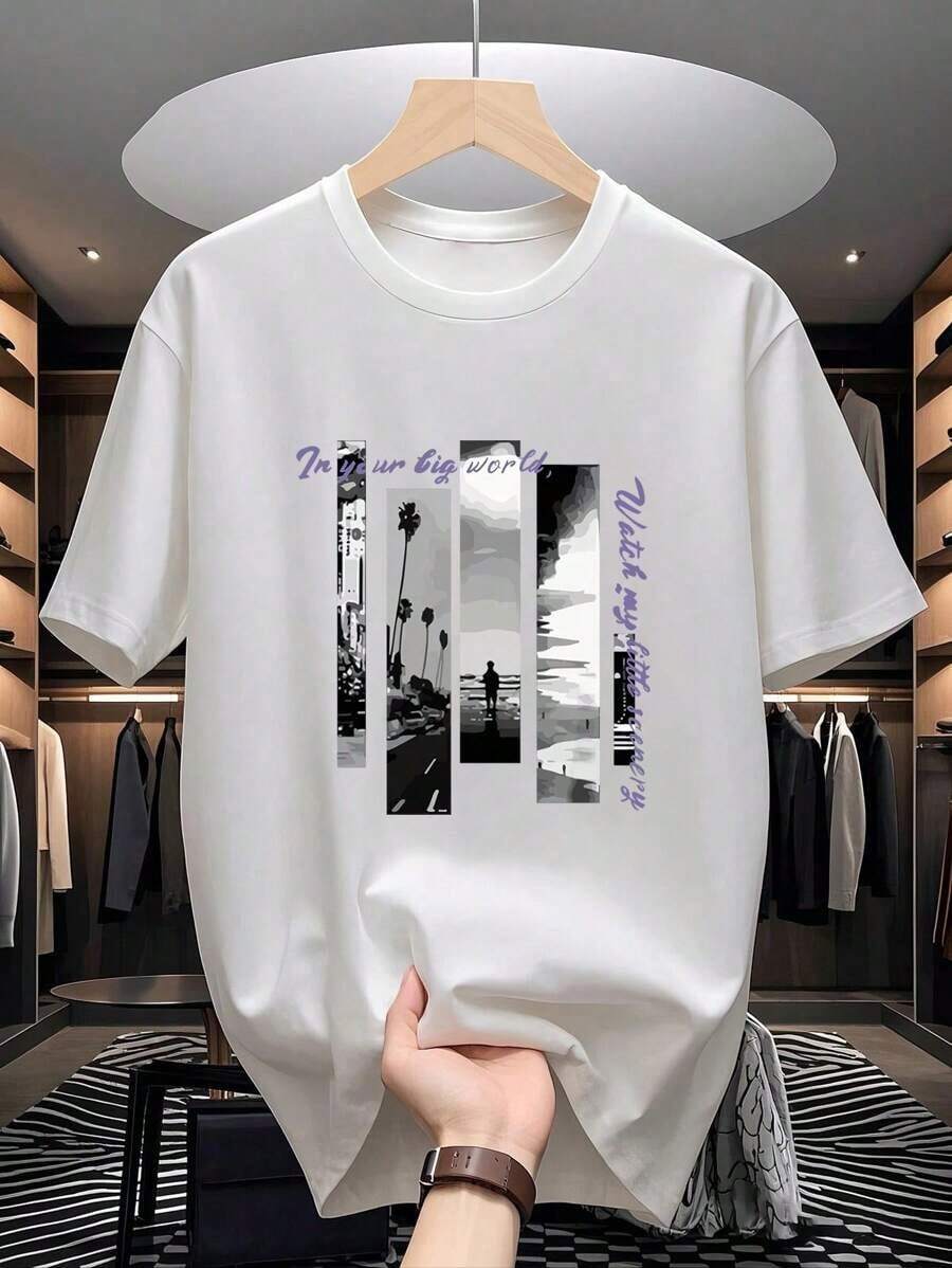 Camiseta de manga corta con cuello redondo y estampado gráfico para hombre, adecuada para el verano - Estilo callejero vintage, camiseta unisex de algodón suelto con cuello redondo y manga corta. - Blanco - Ver 1