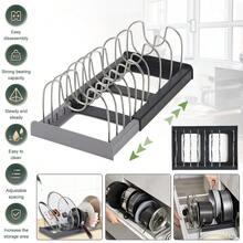 1pc Adjustable Expandable Pot And Pan Organizers Rack With Compartments, Kitchen Cabinet Pantry Bakeware Organizer Rack Holder For Pans And Pots Lid - Grey - View 1