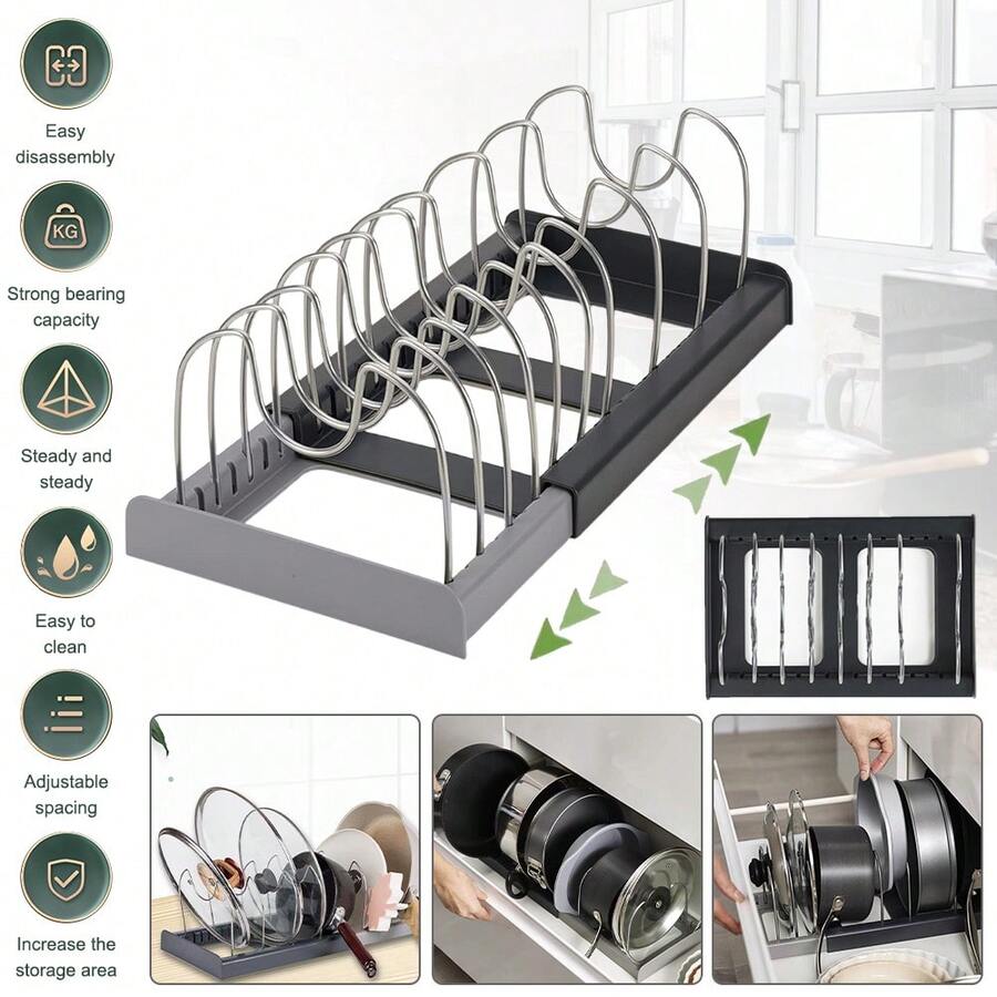 1pc Adjustable Expandable Pot And Pan Organizers Rack With Compartments, Kitchen Cabinet Pantry Bakeware Organizer Rack Holder For Pans And Pots Lid - Grey - View 1