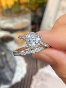 两件套经典立方氧化锆戒指套装，女士结婚订婚周年纪念派对珠宝，情人节礼物，送给妈妈的礼物，母亲节礼物