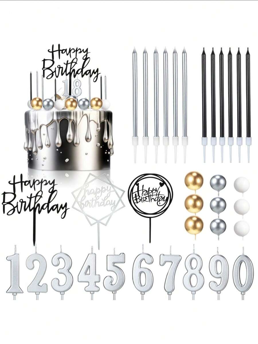 34pcs Birthday & Wedding Party Cake Decorations, 0-9 Number Candles & Wish Balloons Cake Topper Set - Multicolor - View 1
