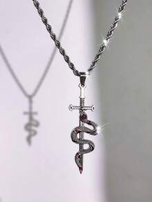 1 pieza Colgante de cruz completamente plateado de acero inoxidable con cadena retorcida y zirconia micropavimentada, estilo vintage, adecuado para uso diario, unisex de estilo hip hop - Plateado - Ver 5