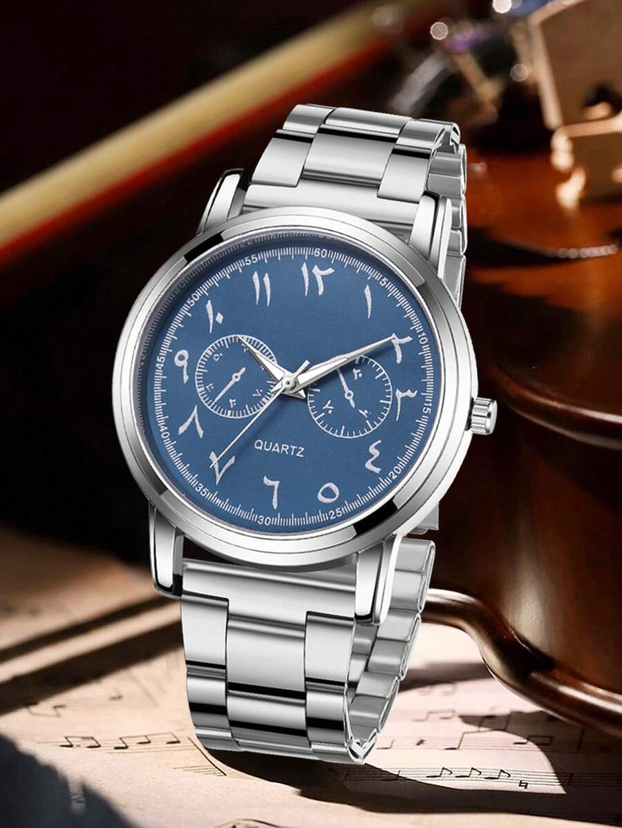 1pc Men's Silver Strap Fashionable Casual Business Retro Mixed Dial Quartz Watch For Daily Wear Or Holiday Gifts