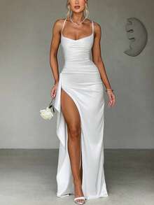 Elegant Sexy Satin Strapless Off Shoulder Frill Trim Waist Party Dress, Bridesmaid Dress, Formal Gown - White - View 3