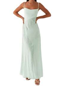 Women Long Dress Lace Patchwork Sleeveless Cami Dress Summer Tie-Up Backless Spaghetti Strap Dress - màu xanh lá - Xem 3