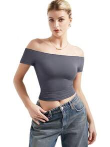 Women Double Lined Off Shoulder Tops Fitted Going Out Basic Shirts - Ash - View 2
