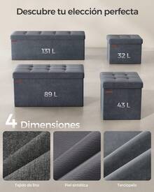 Puff Almacenaje, Baúl de Almacenaje Plegable, 38 x 110 x 38 cm, Taburete Reposapiés, Banco de Cubo, Soporta hasta 300 kg, para Sala de Estar, Dormitorio, Entrada, Gris Pizarra - Gris Oscuro - Ver 5