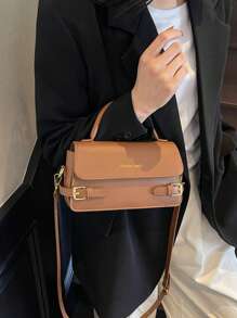 Bolso cuadrado con solapa, bolso de mano de mujer de piel sintética de moda, bolso bandolera elegante con decoración de cadena