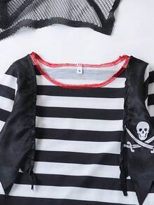 5pcs/Set Boys' Halloween Party Pirate Costume, Long Sleeve Striped Shirt + Pants - Black - View 3