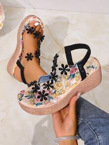 Teens Platform Wedge Sandals, New Summer Girls Clear Crystal Peep Toe Rhinestone Thick Sole Sandals - Black - View 3