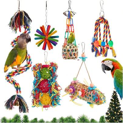 6pcs Bird Toy Set, Climbing Cotton Rope, Colorful Wicker Ball, Random Rattan, For Small/Medium Parrots Chewing, Grinding, Biting, Parrot Cage Decor, Pet Supplies