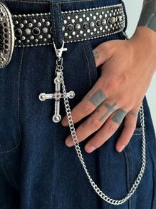 1pc Men's Faux Pearl Inlaid Gem Multi-Layer Metal Cross Pendant, Fashion Accessory, Punk Style Pants Chain, Key Chain, Waist Decor