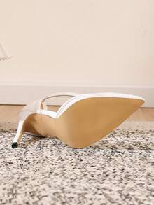 Women's Lace Rhinestone Decorated Pointed Toe High Heel Pumps, White Color, 2025 New Arrival,Elegant - White - View 7