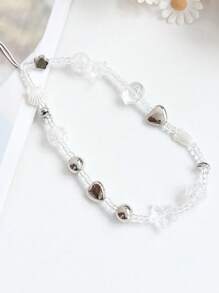 1pc White And Silver Artificial Crystal Tulip Heart-Shaped Shell Ins Phone Case Chain Ccd Camera Lash Accessory Brown Series Diy Beaded