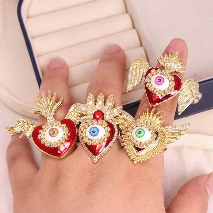 1pc New Fashion Personalized Rings Sacred Red Heart Wings Lucky Eye Rings Women Jewelry Cubic Zirconia Copper Party Gift
