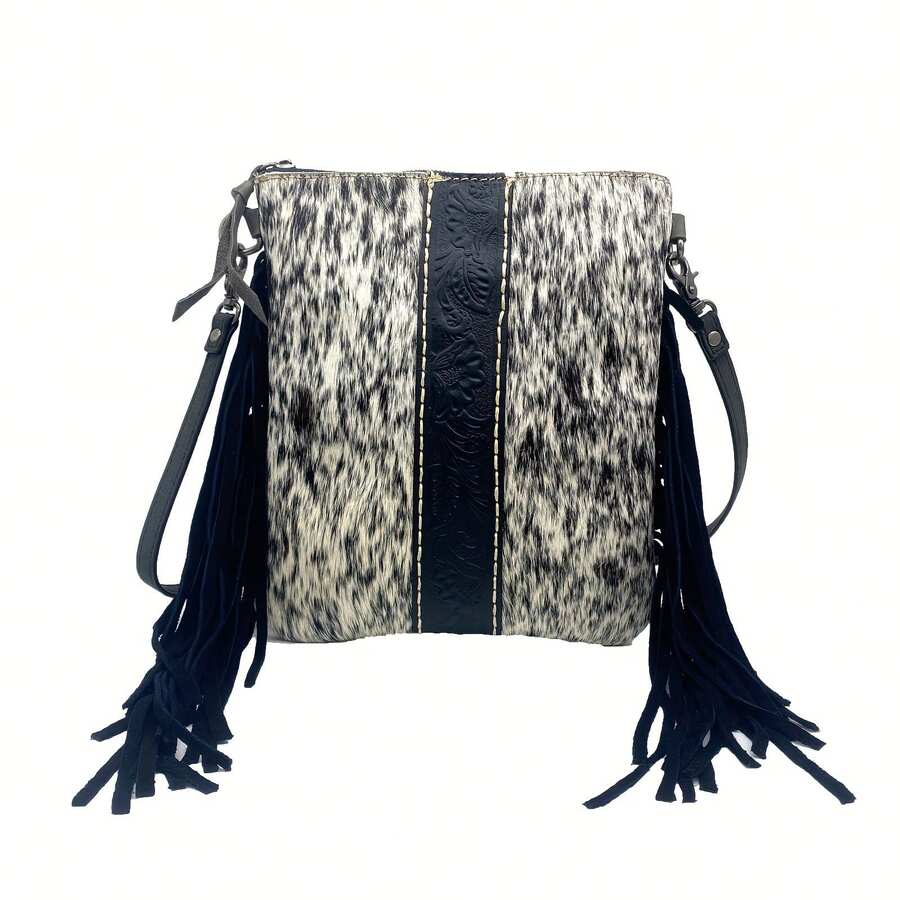 Western Floral Embossed Tassels Women Cowhide Crossbody Messenger Bag Vintage Horsehair Handbag Genuine Leather Fringe Clutch Purse Phone Bag Shoulder Bags - màu đen - Xem 1