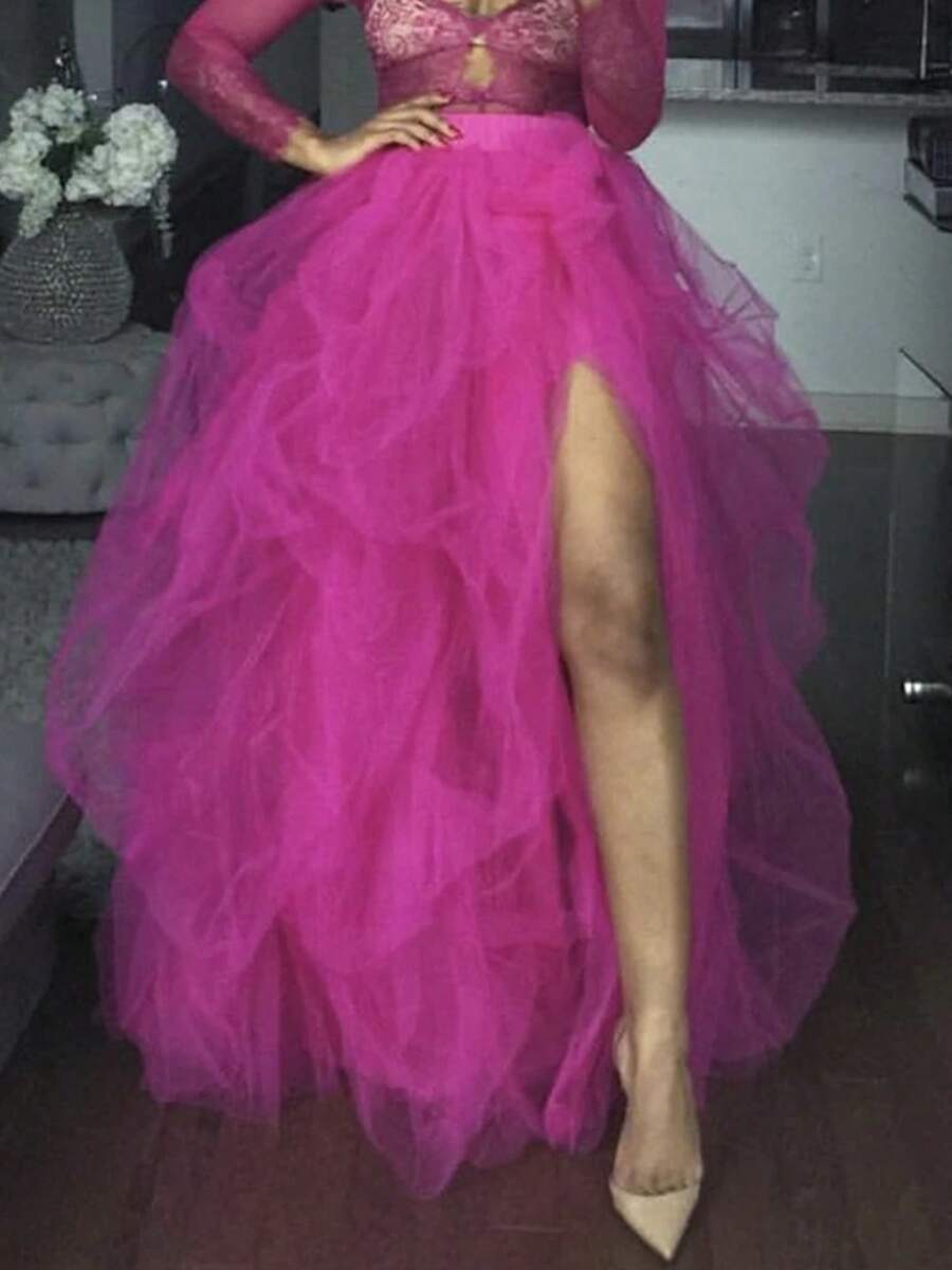 Women Long Tulle Tutu Skirt High Waist Layered A-Line Puff Mesh Skirt Floor Length Split Half-Dress Princess Skirt - 中紫紅色 - 查看 1