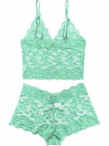 Floral Lace Lingerie Set High Waist Sleepwear Bra And Panty 2 Piece Nightwear 2025 Back-To-School Season Fall Pjs - 薄荷綠 - 查看 5