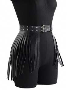 1 件女士时尚 PU 皮革流苏腰带，狂野西部牛仔女郎服装，适合节日和庆典 - 黑色 - 查看 9