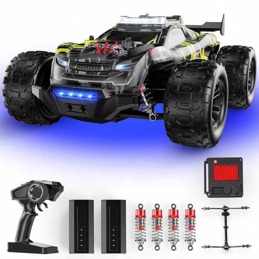 DEERC 1:14 Brushless RC Car For Adults, 43MPH 4WD Off-Road RC Truck With 7-Color LED Lights, Metal Oil Shocks, 2*7.4V High-Capacity Batteries, All-Metal Drivetrain, 3 Light Modes, 3S LiPo Compatible
