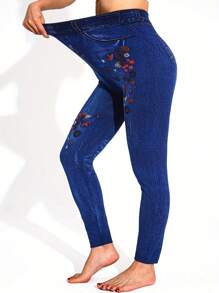 Leggings elásticos de ajuste ceñido de moda casual para mujer, de estilo de calle, de longitud de tobillo, con estampado de vaquero, estrella y flor, con efecto moldeador, cómodos y transpirables para uso diario, deporte y actividades al aire libre