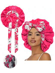 1pc Rose Pink Bohemian Floral Pattern Silk Satin Drawstring Hair Scrunchie (Print Pattern Random) Hair Sleep Cap - NPSM102 - View 23